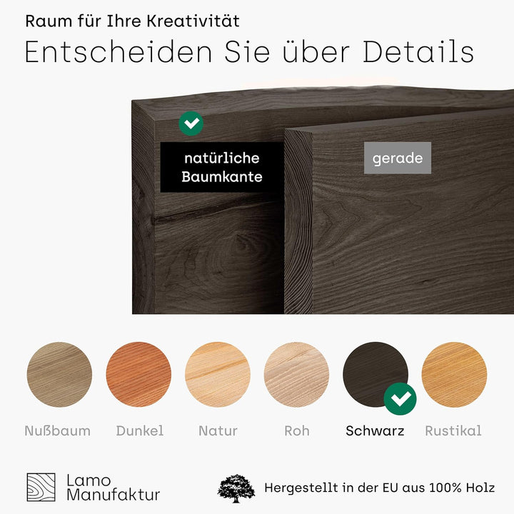 LAMO Manufaktur Wandregal Holz Baumkante | Regal Farbe: Schwarz | Pure: ohne Montage Set | 120 cm Pu