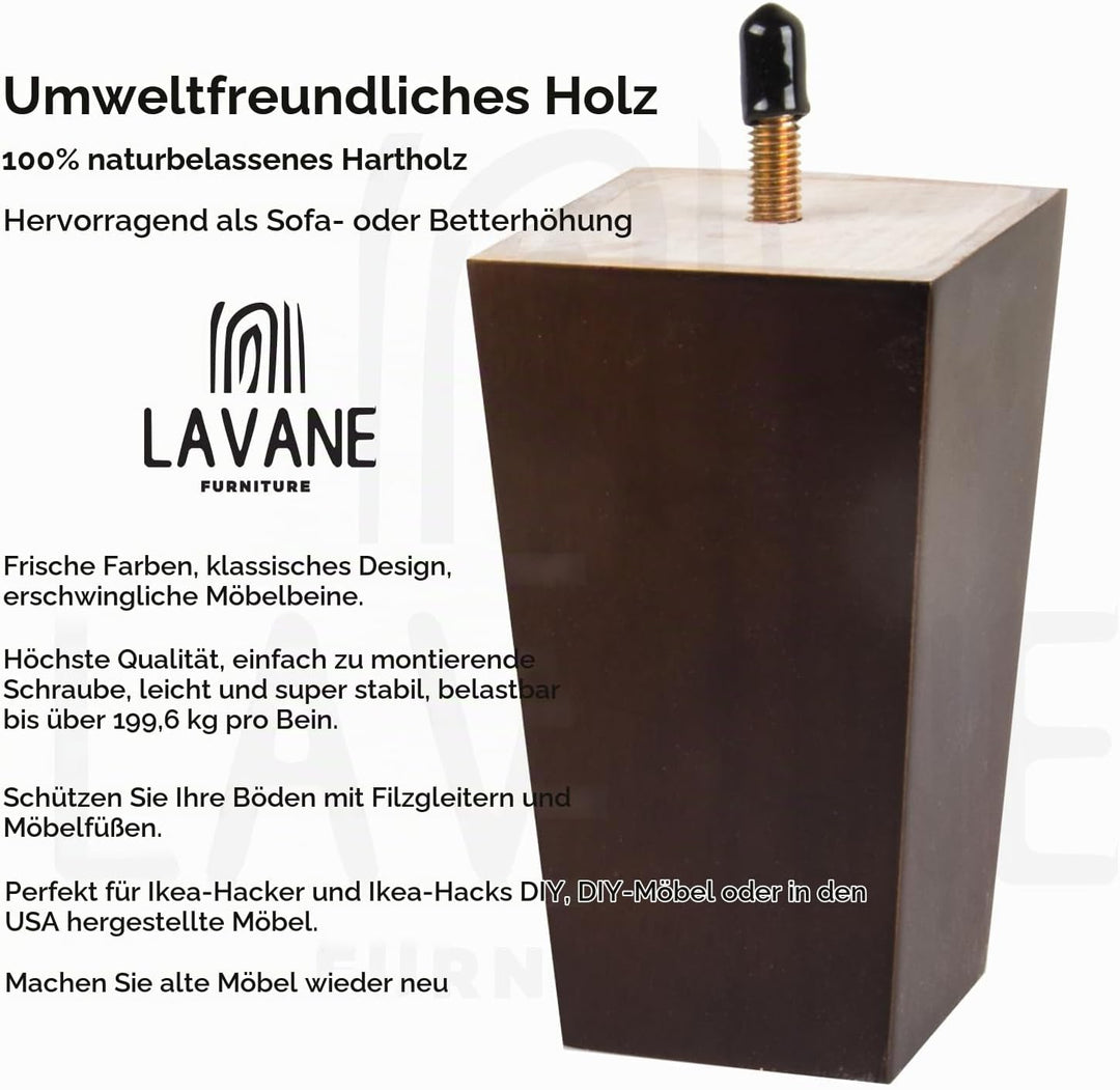 La Vane 4 Stück Möbelfüsse aus Massivholz - 12cm Höhe, Walnuss, Pyramidenform mit M8 Gewindebolzen &amp;