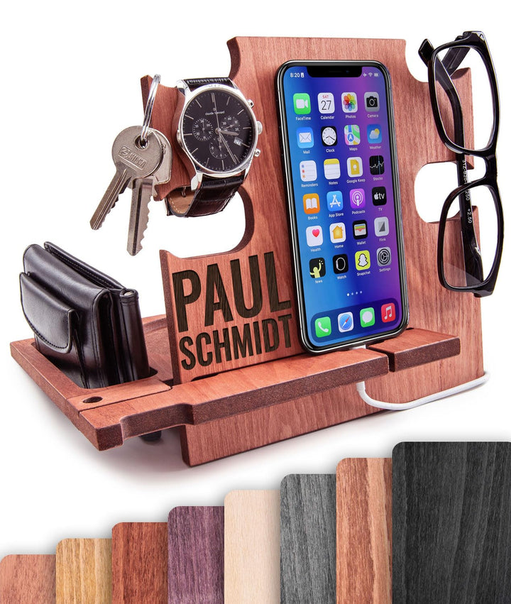 Docking Station personalisiert – Kreatives Geschenk für Männer zum Geburtstag – Holz Organizer mit G