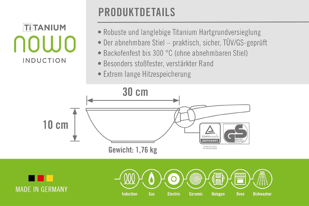 Woll Nowo Titanium Wok- und Rührpfanne - Induktiv-, 30 cm, 10 cm hoch, mit abnehmbarem Stiel - Geeig