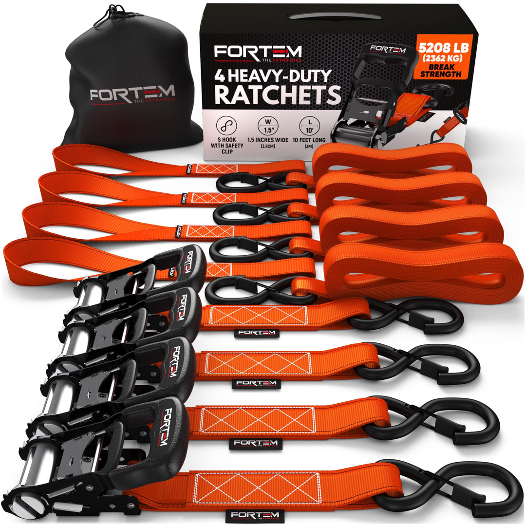 FORTEM Spanngurte mit Ratsche, 2362kg Bruchlast, 4X 3,04m Profi Gurte, 4X Weiche Schlaufen, Gummibes