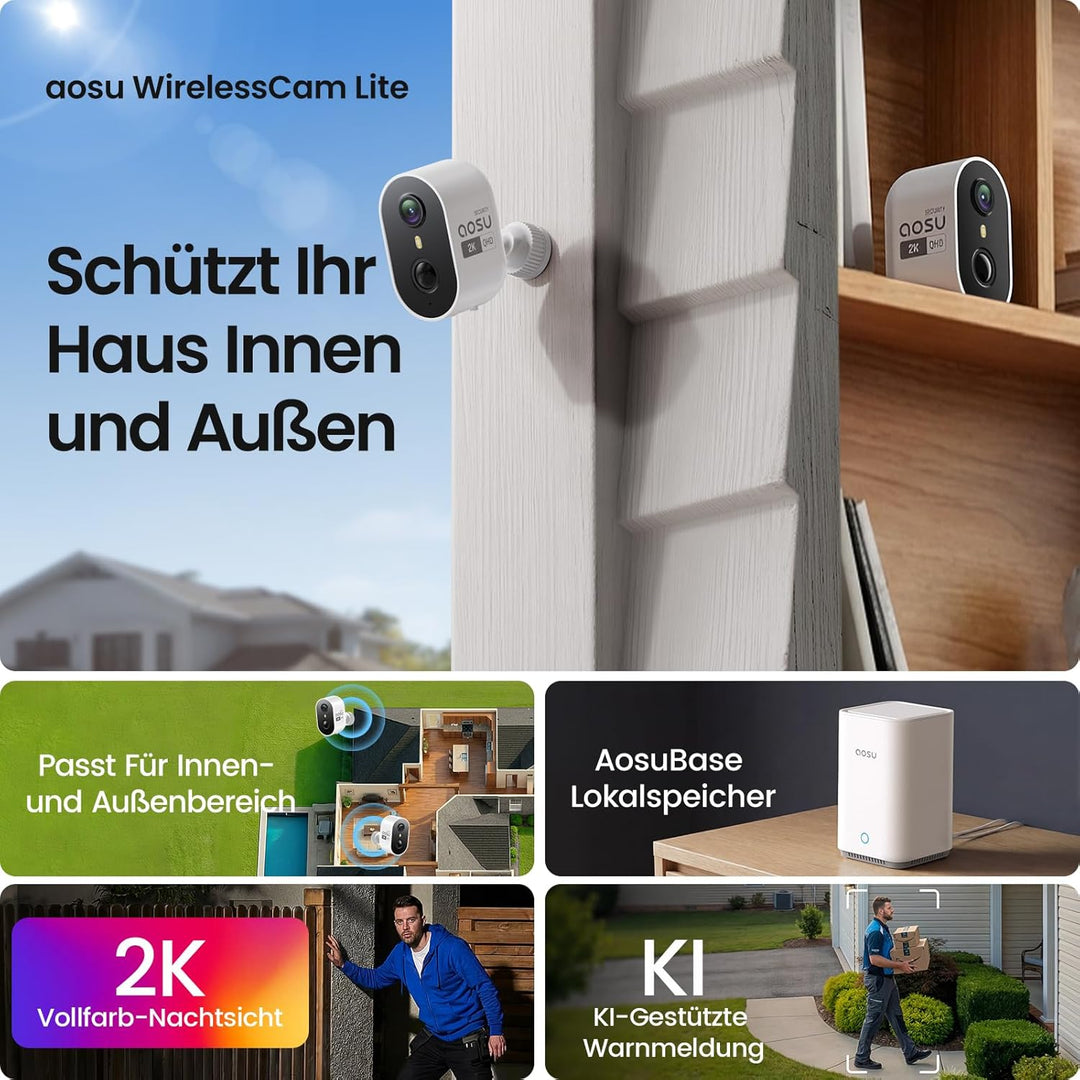 aosu 2K Überwachungskamera Aussen Akku 2er-Kit mit Aosubase 2.0 ohne ABO 32GB Lokal Speicher Kabello