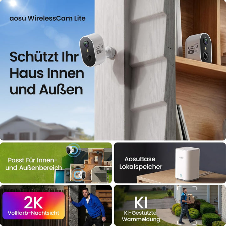 aosu 2K Überwachungskamera Aussen Akku 2er-Kit mit Aosubase 2.0 ohne ABO 32GB Lokal Speicher Kabello