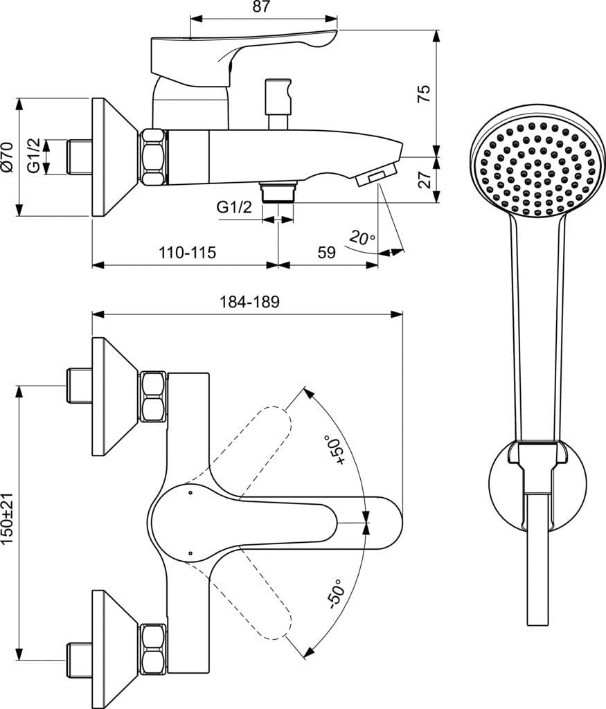 Ideal Standard BC676AA Wannenarmatur Alpha Aussenarmatur mit Zubehör,
