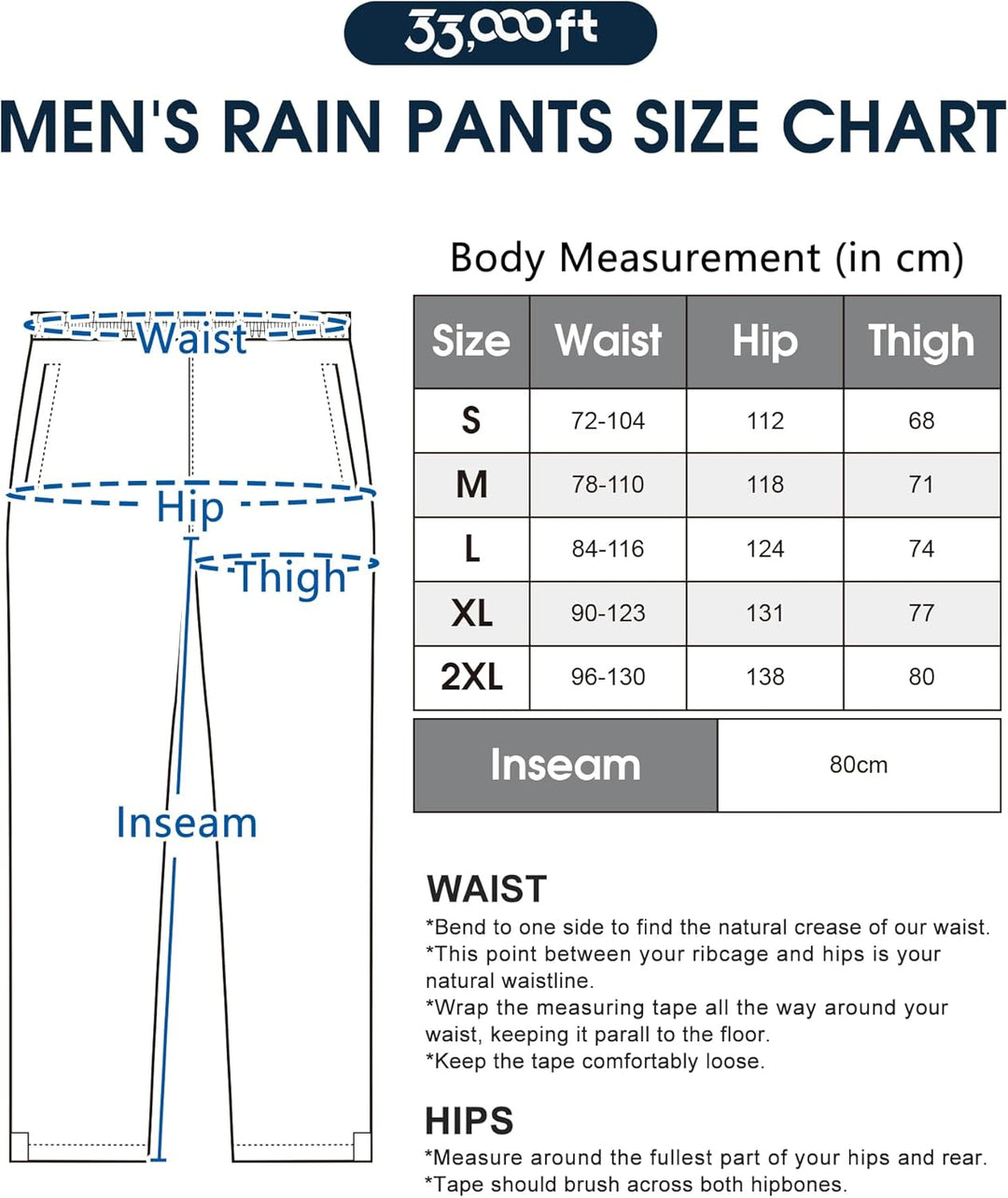 33,000ft Packbare Regenhose Herren Wasserdicht Leichte Fahrrad Überziehhose Winddicht Reflektierende
