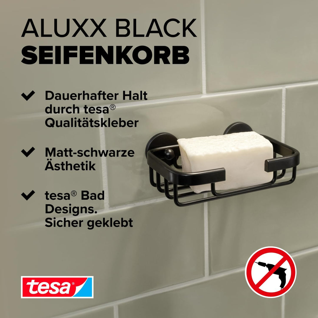 tesa ALUXX BLACK Seifenablage zur Wandmontage ohne Bohren, schwarz matt - für Bäder im Industrial St
