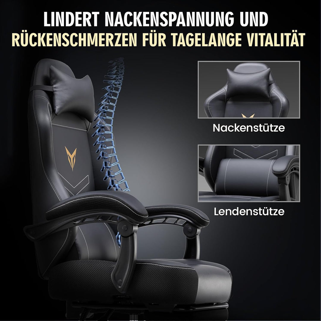 GTPLAYER Gaming Stuhl, Ergonomischer Gamer Sessel mit Fussstütze, Bürostuhl Höhenverstellbar mit Kop