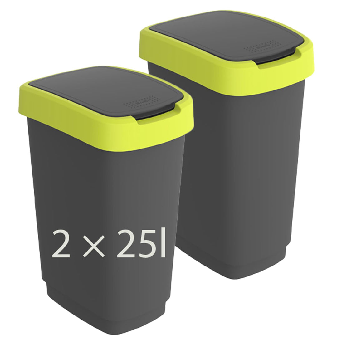 Rotho Twist 2er-Set Mülleimer mit Deckel (gelb/anthrazit, 2x25l) gelb/anthrazit 2x25l, gelb/anthrazi