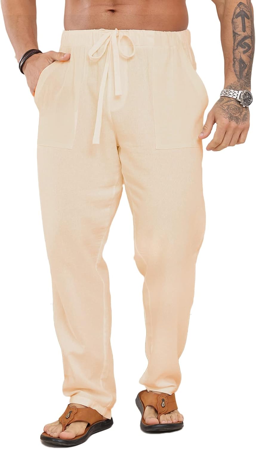 Halfword Leinenhose Herren Hose Lang Freizeithose Strandhose Sommer Leichte Tasche Kordelzug Urlaub