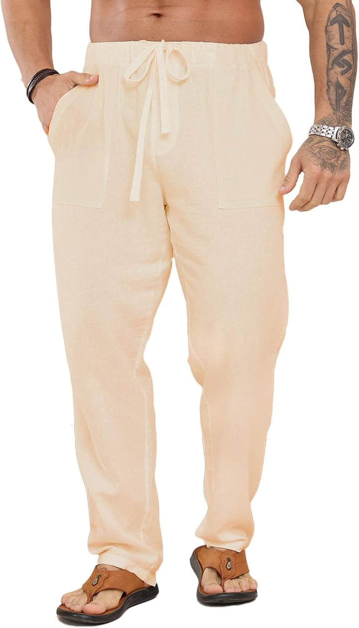 Halfword Leinenhose Herren Hose Lang Freizeithose Strandhose Sommer Leichte Tasche Kordelzug Urlaub