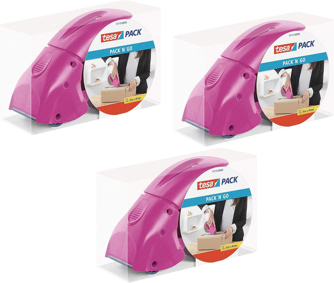 tesapack Abroller Pack' n' Go - Ergonomischer, pinker Handabroller für Paketbänder - Inklusive 50 m