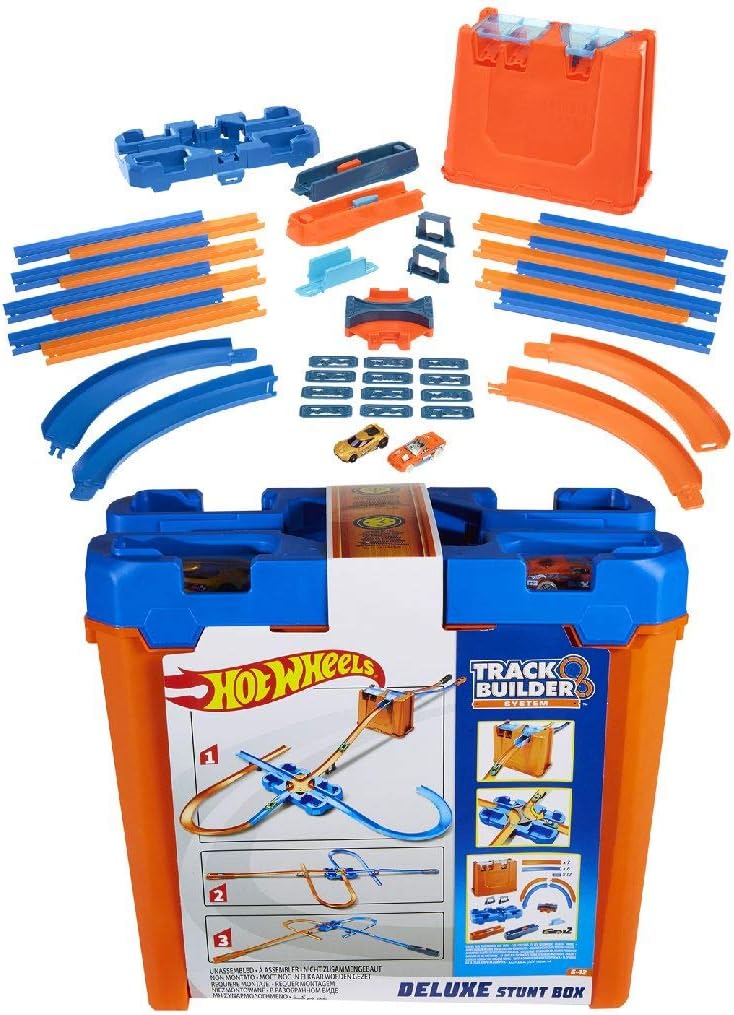 Hot Wheels GGP93 - Track Builder Mega Stunt Box mit Tracksets und Zubehör inkl. 2 Autos & BHT77 Trac