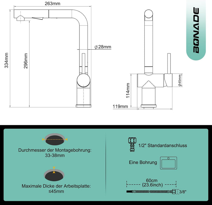 BONADE Niederdruck Armatur Küche Schwarz, Wasserhahn Küche Ausziehbar 3 Anschlüsse, Edelstahl Küchen