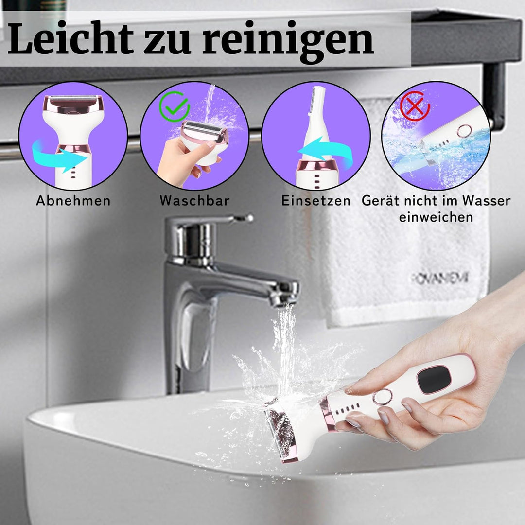 Elektrischer Damenrasierer 4-in-1 mit LED Display für Frauen & Männer, Nass- & Trockenrasierer IPX7