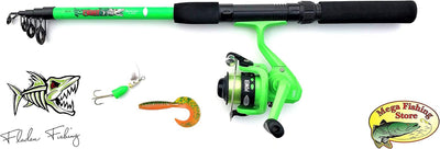 Fladen Kinderangel Starter Set Tele Spinning Combo Grün/Orange/Pink Teleskop Rute Rolle Schnur Spinn