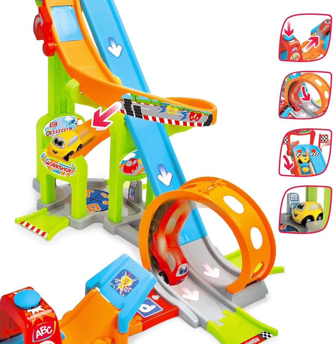Dickie Toys ABC - Jays Jump N Fun Tower (66x72x64 cm) - Auto-Rennbahn ab 1 Jahr mit Looping, Schanze