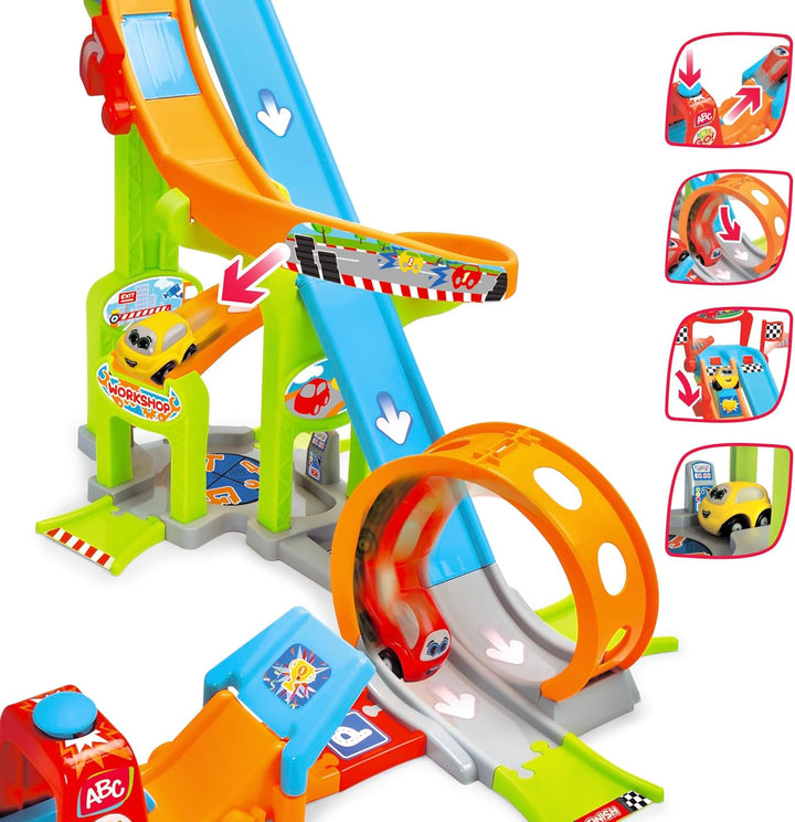 Dickie Toys ABC - Jays Jump N Fun Tower (66x72x64 cm) - Auto-Rennbahn ab 1 Jahr mit Looping, Schanze
