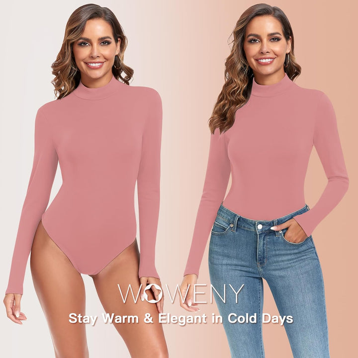 WOWENY Damen Body Langarm mit Stehkragen - Thermo Bodysuit Fleece Oberteile Shirts Rolli Pullover Ro