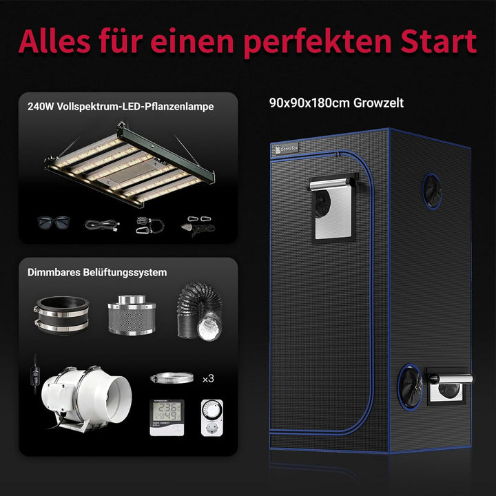 Growzelt Komplettset mit Growzelt 90x90x180 cm 240W LED Grow Lampe und Regelbar Rohrventilator 100mm