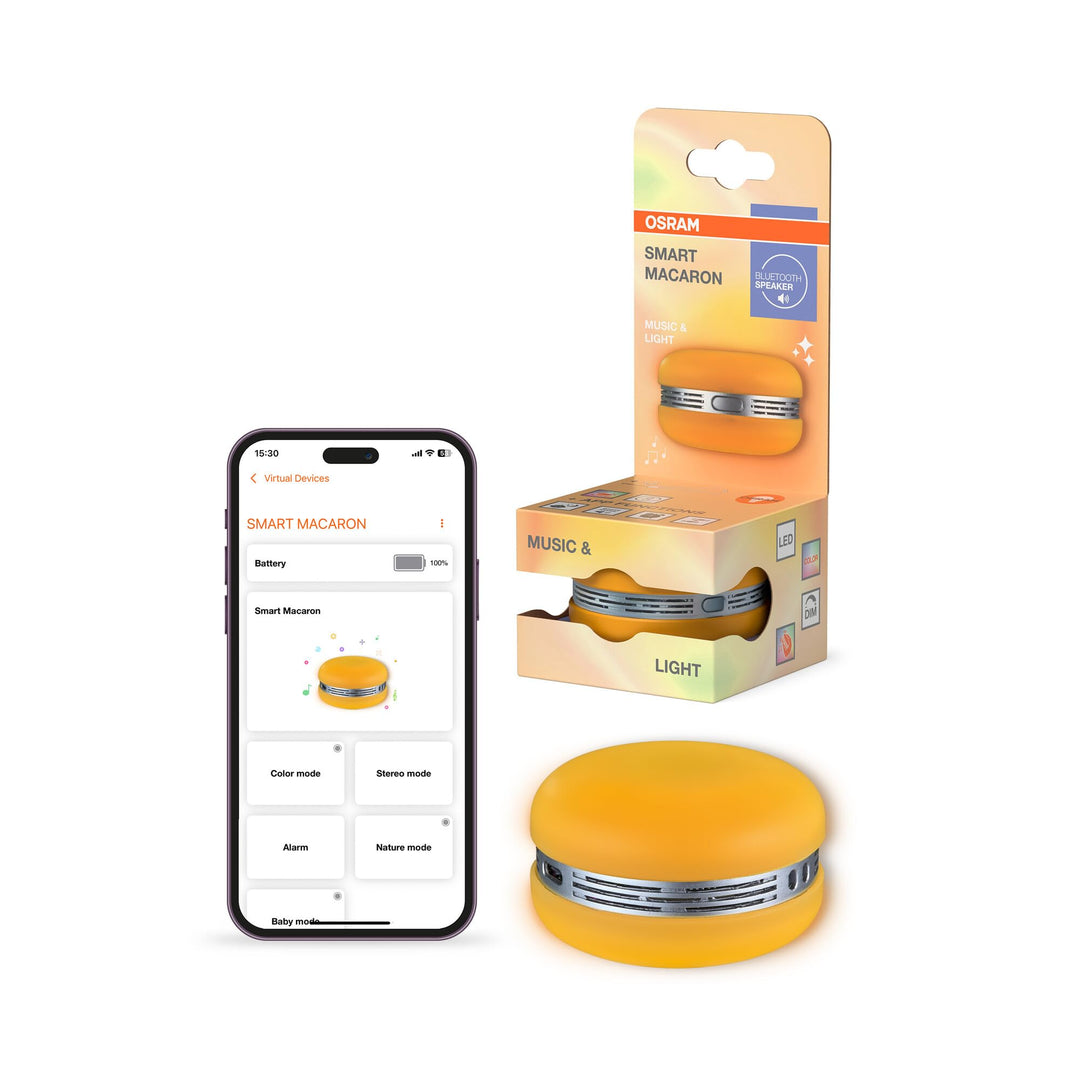 Osram Smart Macaron, Bluetooth-Lautsprecher mit Dreh-Farblicht, Musik-Sync & App-Timer – 3 Modi, Ste