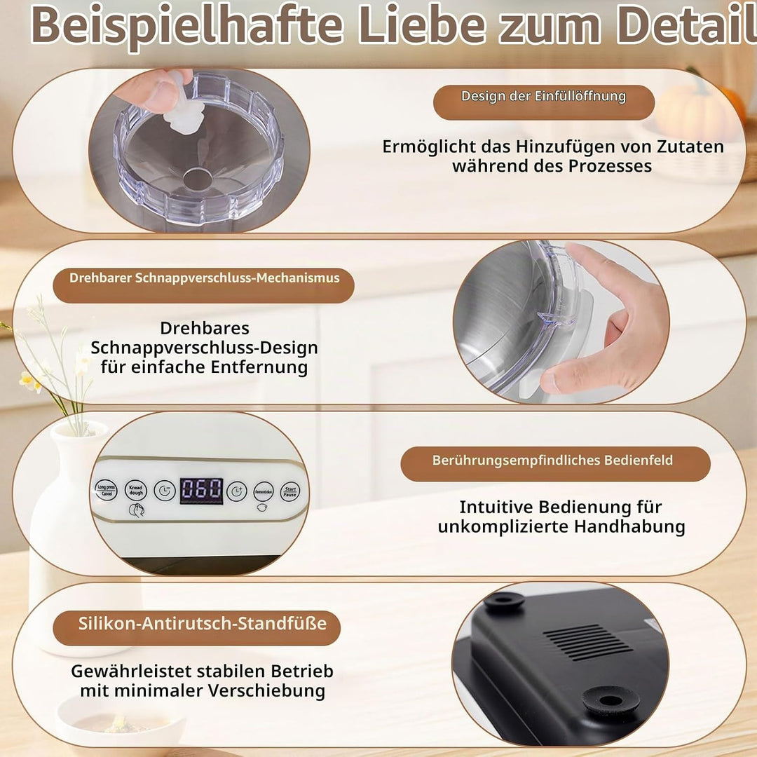 Edelstahl-Teigknetmaschine, 7L Grossvolumige Knetmaschine zum Backen mit thermostatischer Gärfunktio
