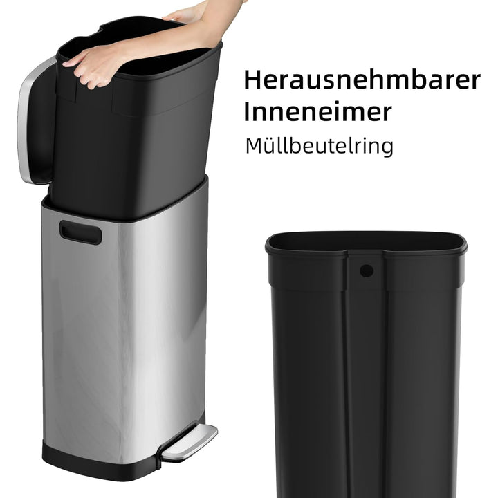 KSSKSS Mülleimer Küche, 50 Liter Edelstahl Abfalleimer, 50L Treteimer mit sanft schliessendem Deckel