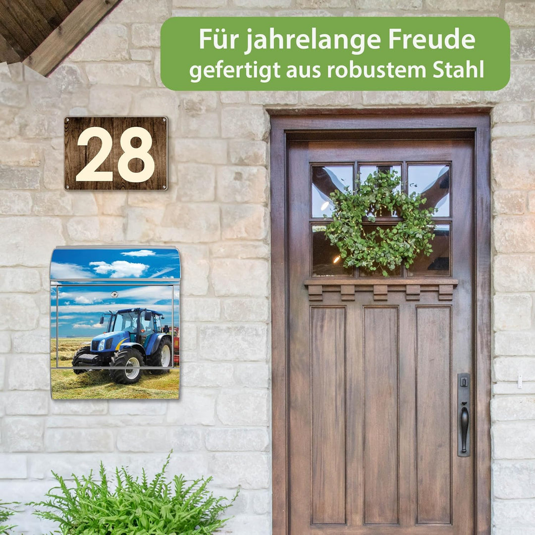 banjado® Design Briefkasten mit Motiv Traktor 39x47x14cm &amp; 2 Schlüssel - Briefkasten Stahl Silber mi