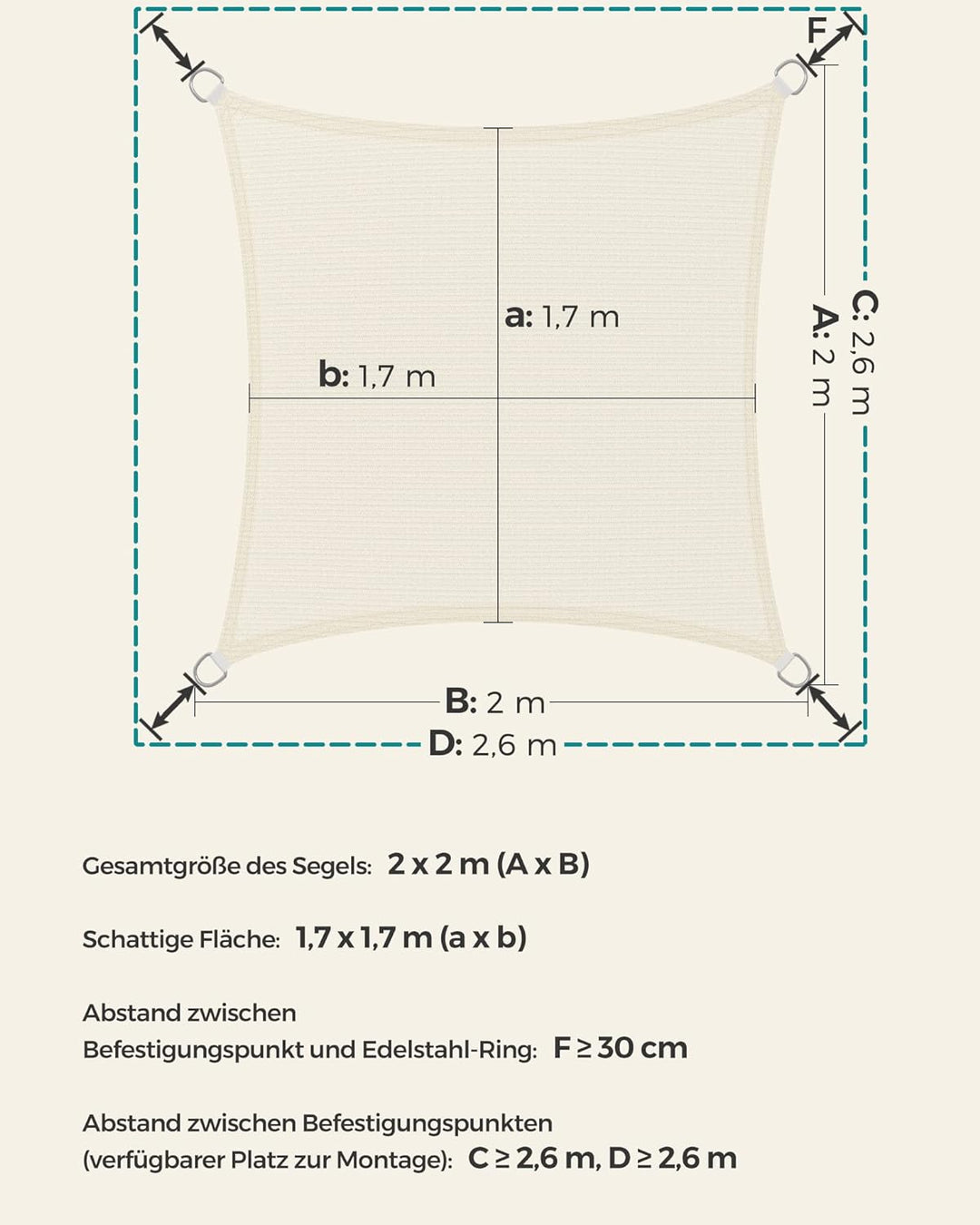 SONGMICS Sonnensegel 2 x 2 m, Sonnenschutz aus HDPE-Gewebe, luftdurchlässig, wasserdurchlässig, für