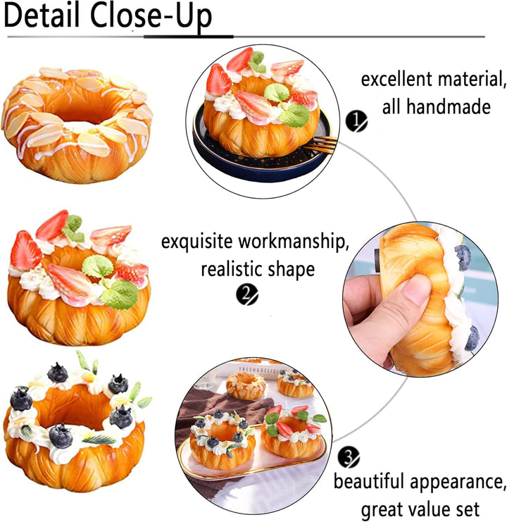 3 Pcs Gefälschte Kuchen Donut, Künstliche Obstkuchen, Fake Bread, Gefälschte Brot, Backwaren und Geb