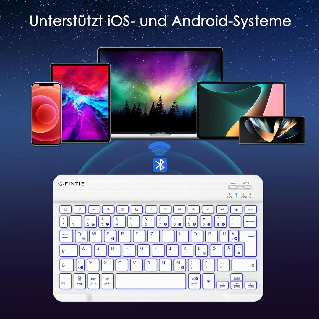 Fintie Bluetooth Tastatur mit Hintergrundbeleuchtung in 7 Farben, iPad Tastatur mit deutschem Layout