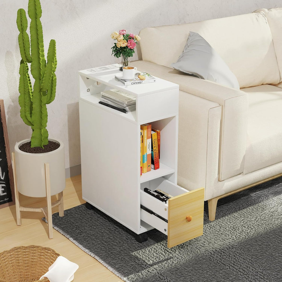 PIPIPOXER Nachttisch schmal mit Rollen, kleiner Nachttisch, Eichenfarben, mit 1 Schublade, USB-Ansch