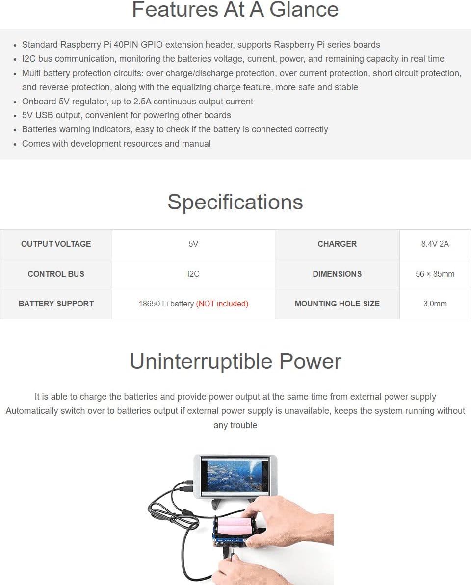 Waveshare UPS HAT for Raspberry Pi, 5V Uninterruptible Power Supply, Multi Batt Protection Circuits,