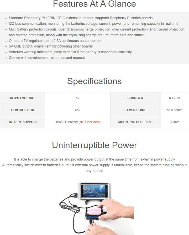 Waveshare UPS HAT for Raspberry Pi, 5V Uninterruptible Power Supply, Multi Batt Protection Circuits,