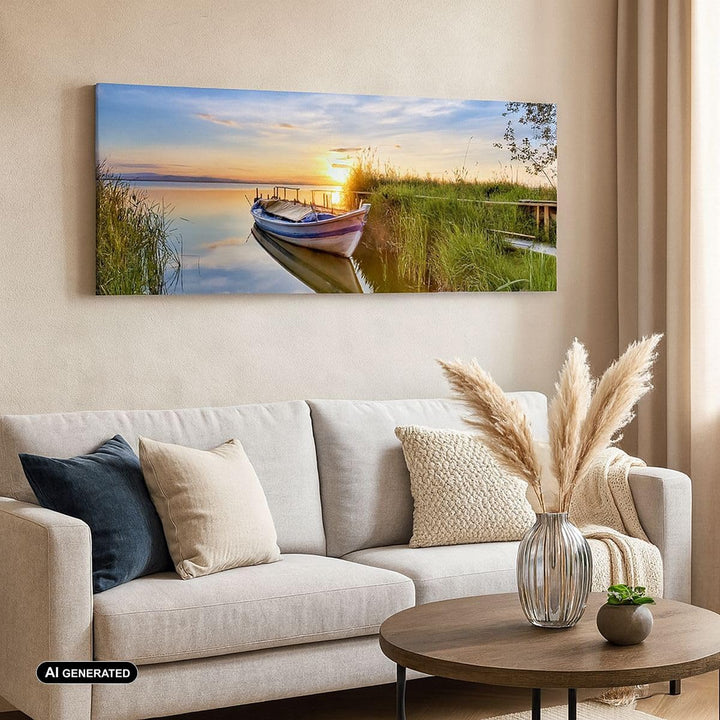 Panorama Bilder auf Leinwand See Boot Wasser Leinwandbild mit Rahmen 90x30cm Wandbilder Dekoration W