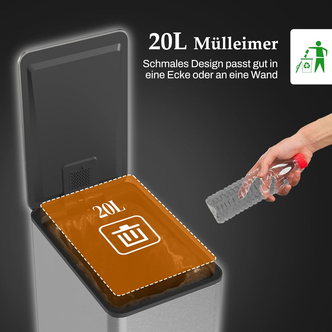 HOMCOM Mülleimer 20 L mit Softclose-Deckel Pedal 21,5 x 37,2 x 57cm Silber | Treteimer, Abfalleimer