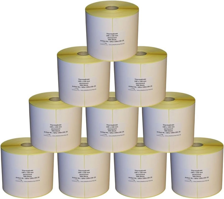 10 x Thermo Etiketten auf Rolle - 100 x 150 mm - 5.000 Stück - Hülse 25 mm - permanent haftend