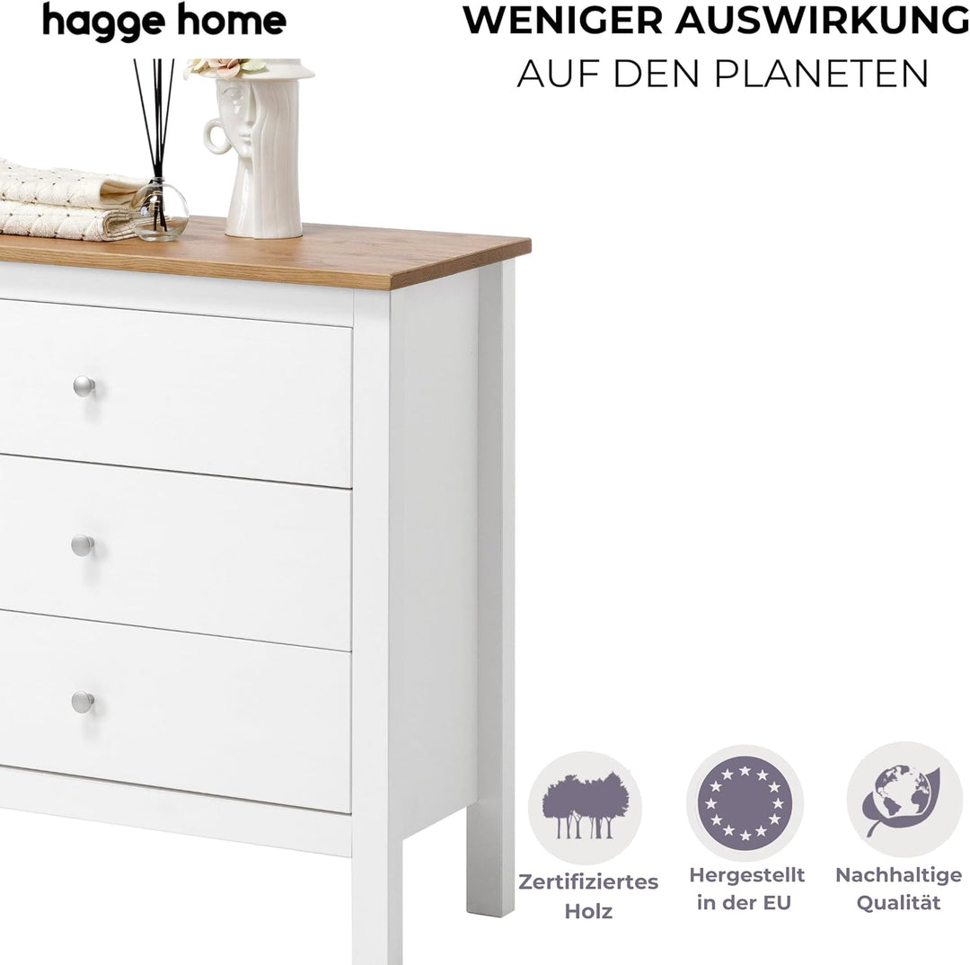 hagge home Skandinavisch Holz Kommode mit 3 Schubladen Sideboard Ladenkommode Beistellschrank für Fl