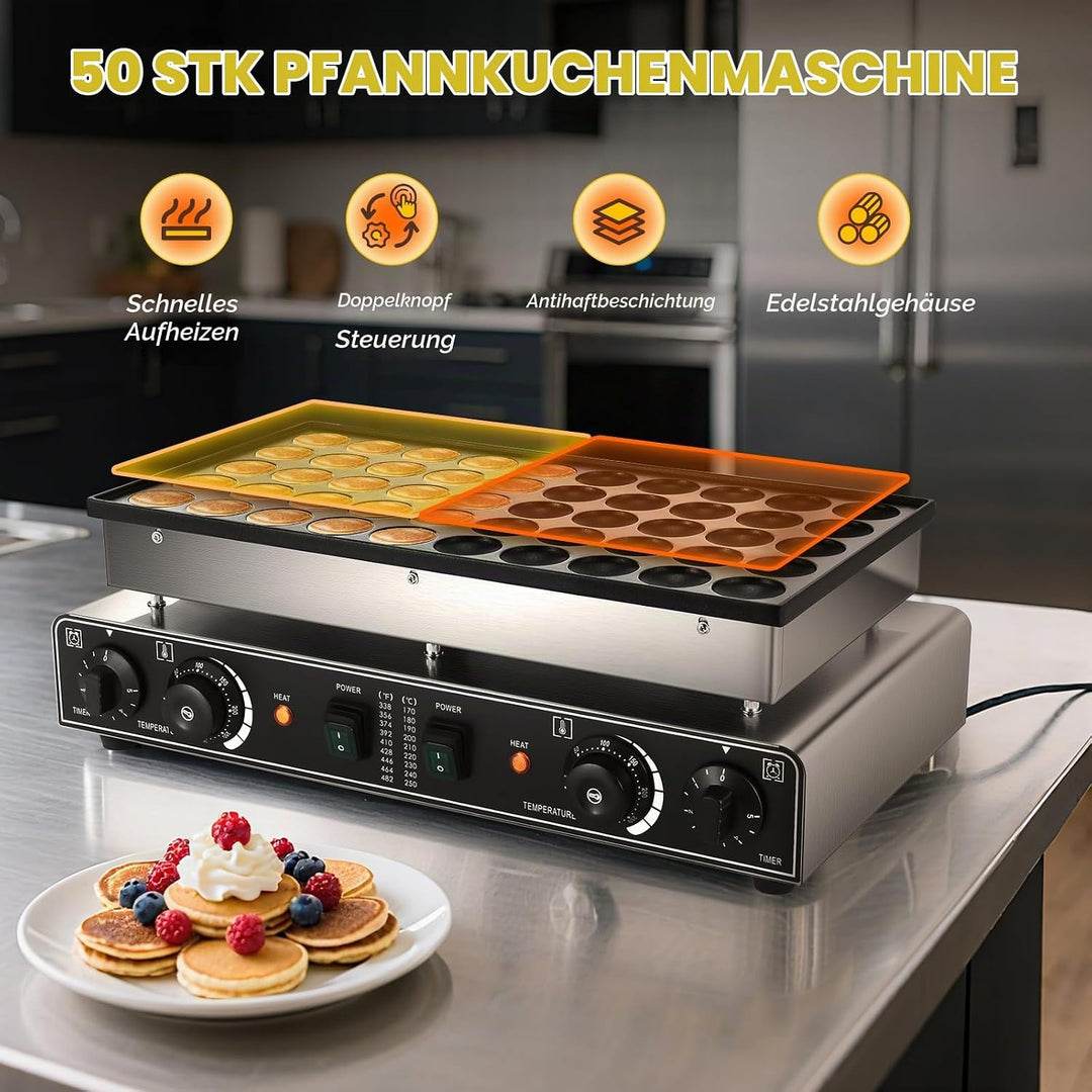 CGOLDENWALL 50 Loch Pfannkuchenmaschine Kommerzielle, Elektrischer Mini-Pfannkuchenbäcker mit Antiha