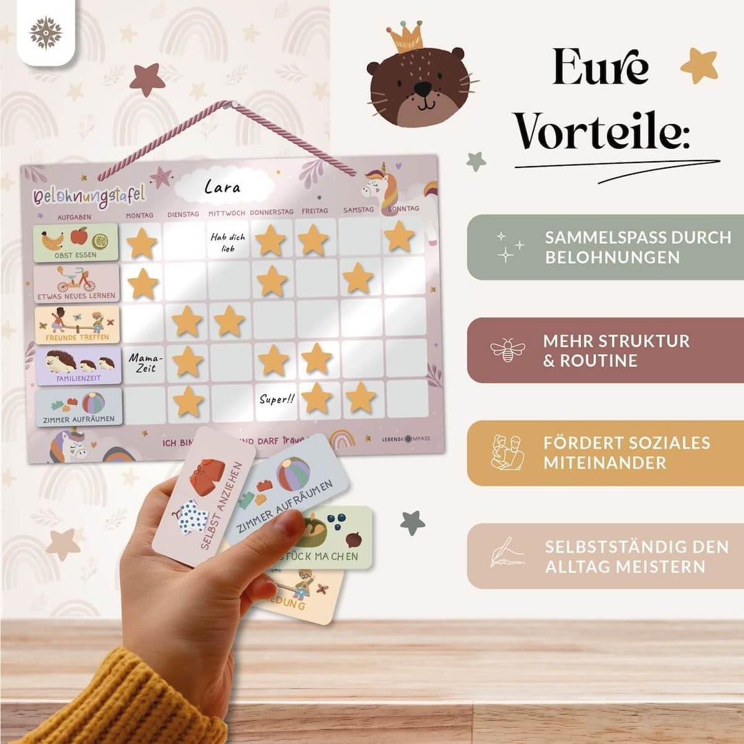 Lebenskompass® Belohnungstafel Kinder Rosa - Abwischbare Whiteboard-Tafel mit Aufhängeband - Belohnu