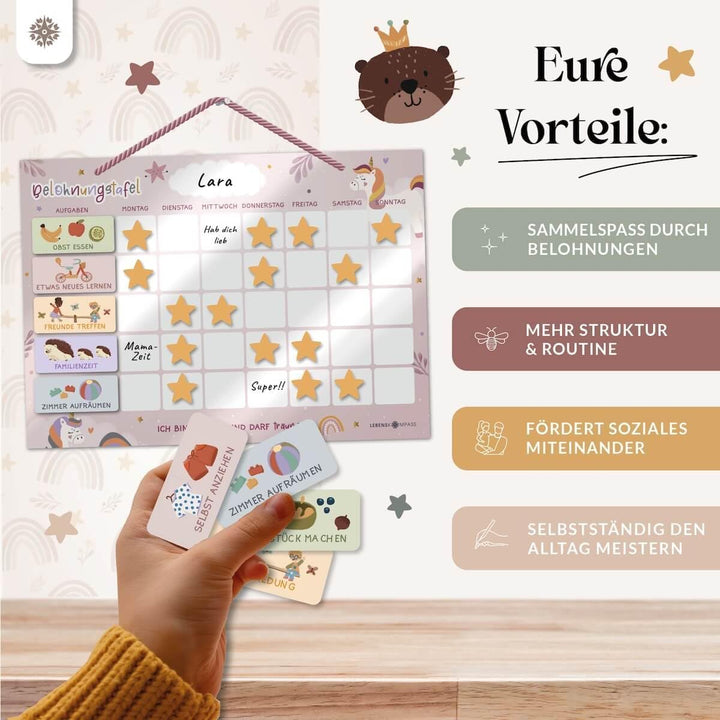 Lebenskompass® Belohnungstafel Kinder Rosa - Abwischbare Whiteboard-Tafel mit Aufhängeband - Belohnu
