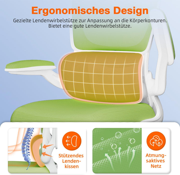 Bürostuhl, Bürostuhl Ergonomisch mit Lendenwirbelstütze, Klappbaren Armlehnen und Höhenverstellbarer