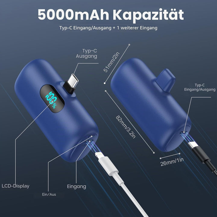 Feob Power Bank USB C 5000mAh, 15W PD 3.0A Schnelles Aufladen Powerbank Schlank LCD Display Extrener