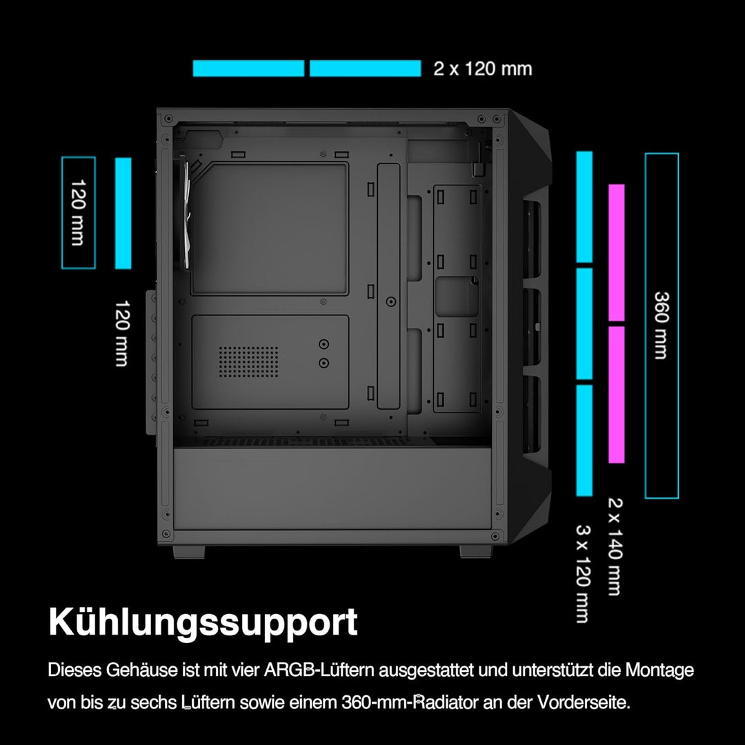 GAMDIAS Aura GC1 Elite ARGB ATX Gaming Midi-Tower PC-Gehäuse, 4 x 120 ARGB-Lüfter, High Airflow Mesh