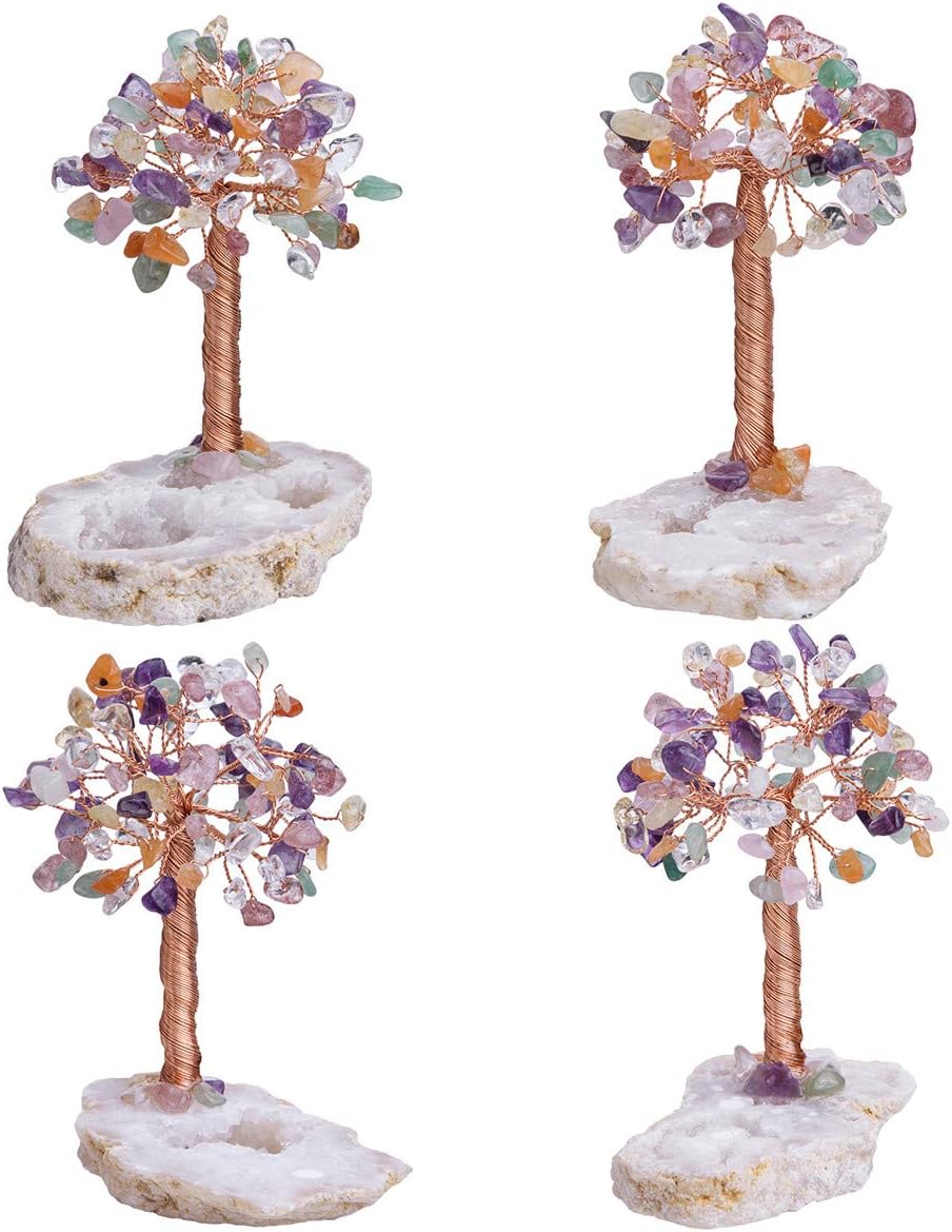 mookaitedecor 7 Chakra Natural Crystal Money Tree mit Druzy Geode Quarzsockel, Kupferdraht gewickelt