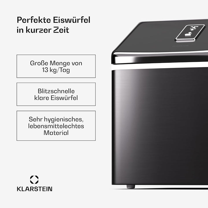 Klarstein Eiswürfelmaschine – Edelstahl, 13 kg/24 h, Touchscreen, kristallklare Eiswürfel, niedriger