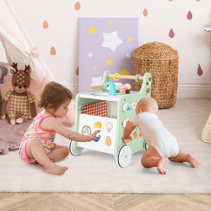 GOPLUS 6 in 1 Lauflernhilfe aus Holz, Lauflernwagen mit Spielküche, Formanpassung, beweglichem Schie