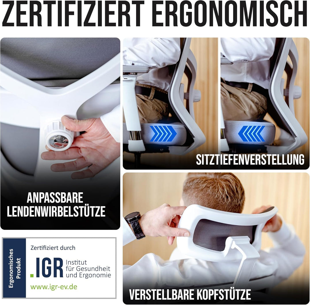 ELITESEATS Bürostuhl Ergonomisch [Silent Wheels] - Schreibtischstuhl [4D Armlehnen] - Office Chair [