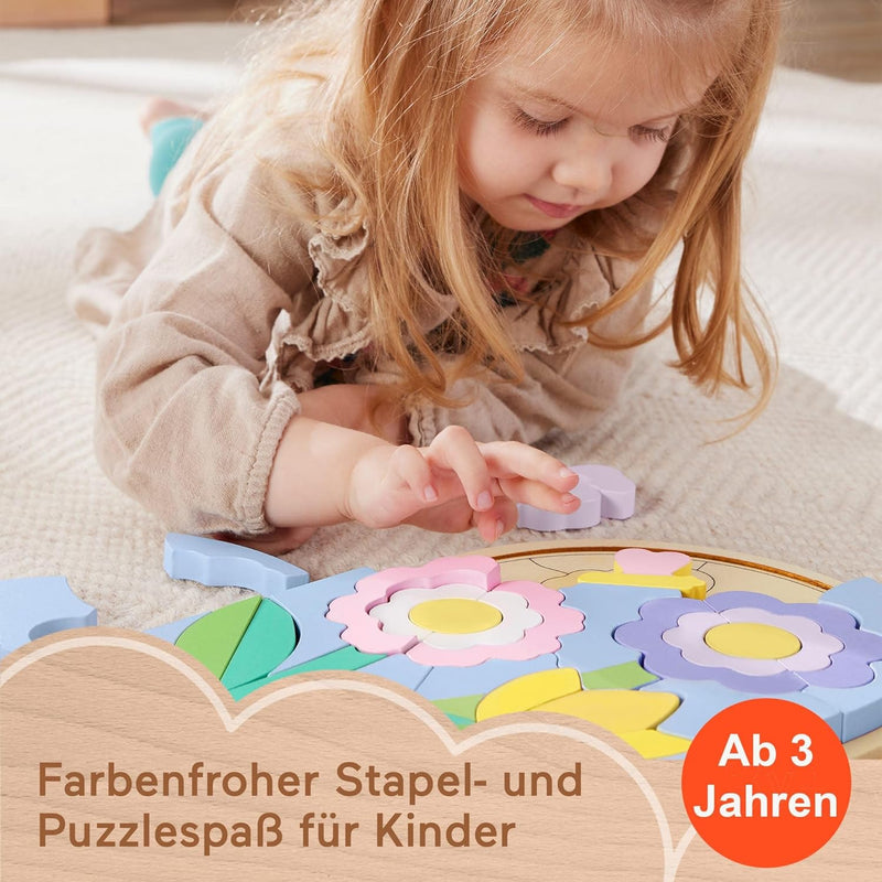 Fisher-Price Spielzeug für Kindergartenkinder Blumengarten Holz-Puzzle mit Stapelblöcken, 37 FSC-zer