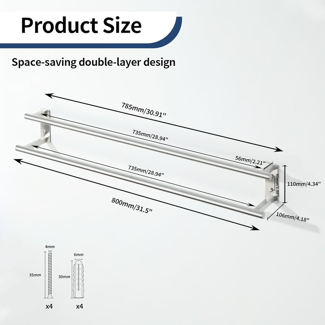 Gebürstet Handtuchhalter Wand, 80 cm doppelter Handtuchständer, Handtuchhalter aus Edelstahl SUS304,