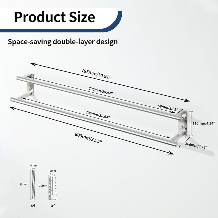 Gebürstet Handtuchhalter Wand, 80 cm doppelter Handtuchständer, Handtuchhalter aus Edelstahl SUS304,
